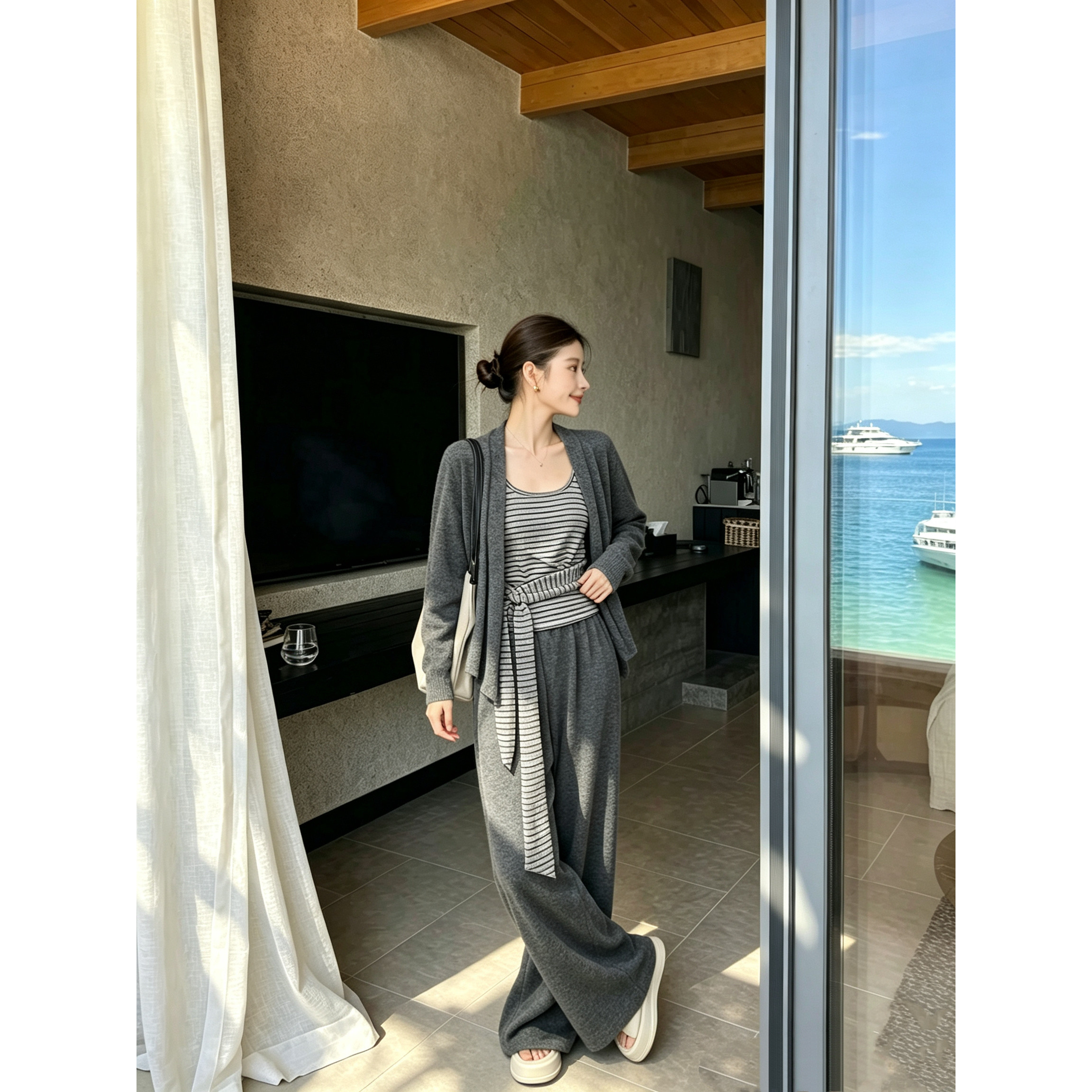 Gee秋新款慵懒风三件套女条纹时尚套装