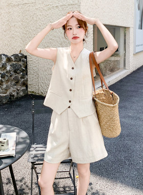 高级感老钱风亚麻米色无袖单排扣马甲阔腿短裤两件套装女2026夏季