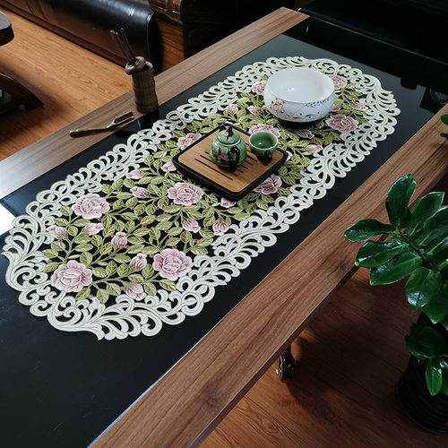 轻奢布艺帝锦椭圆会议桌布牡丹