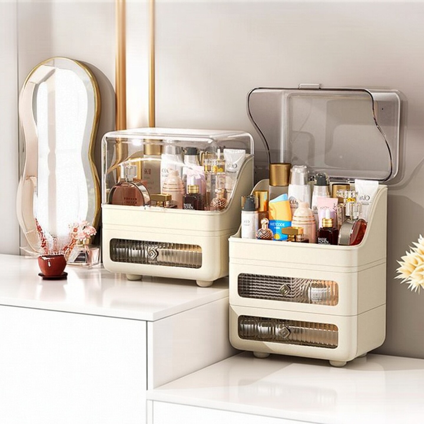 化妆品大容量轻奢收纳盒桌面梳妆台收纳箱防尘高级口红面膜收纳盒