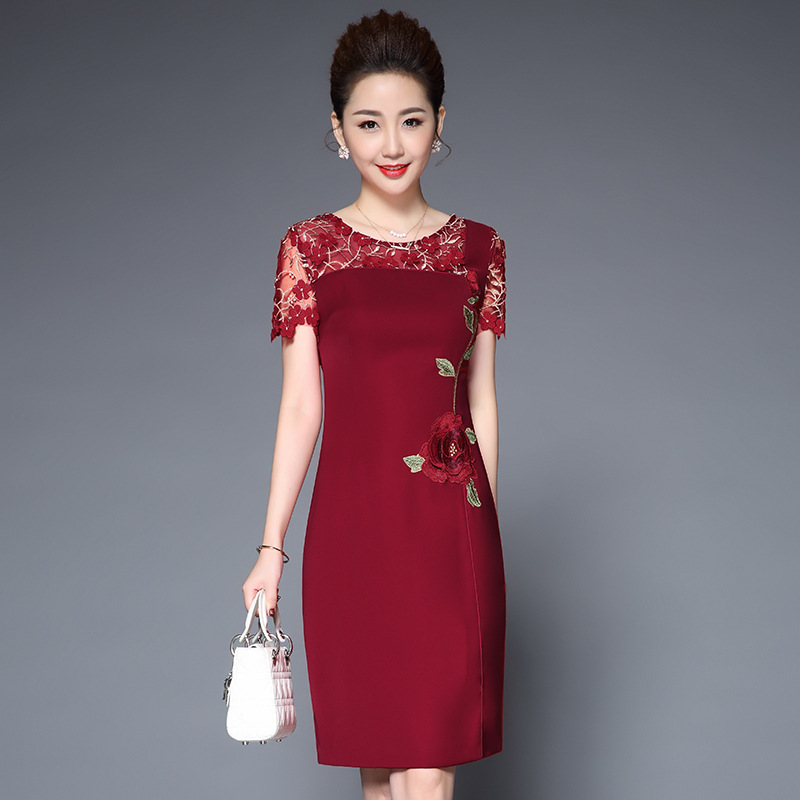 女兒結婚喜慶婚禮婚宴媽媽裝2018夏裝網紗刺繡花大碼連衣裙禮服