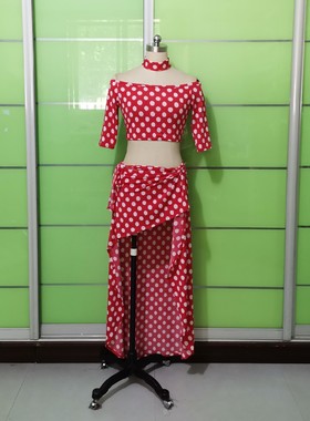 Echo老师原版红白色波点一字领上衣套装脖套裙子带打底裤沙漠之舞