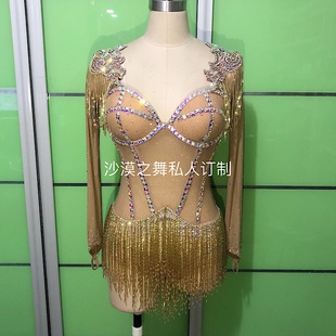 肚皮舞演出服网纱连体表演服两用鼓舞爵士拉丁舞服香槟色定制