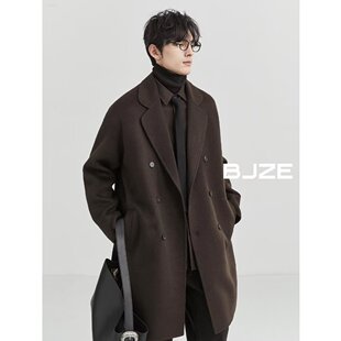 新品双面毛呢大男士衣韩版中长款西装领羊毛休闲高级感双排扣外套