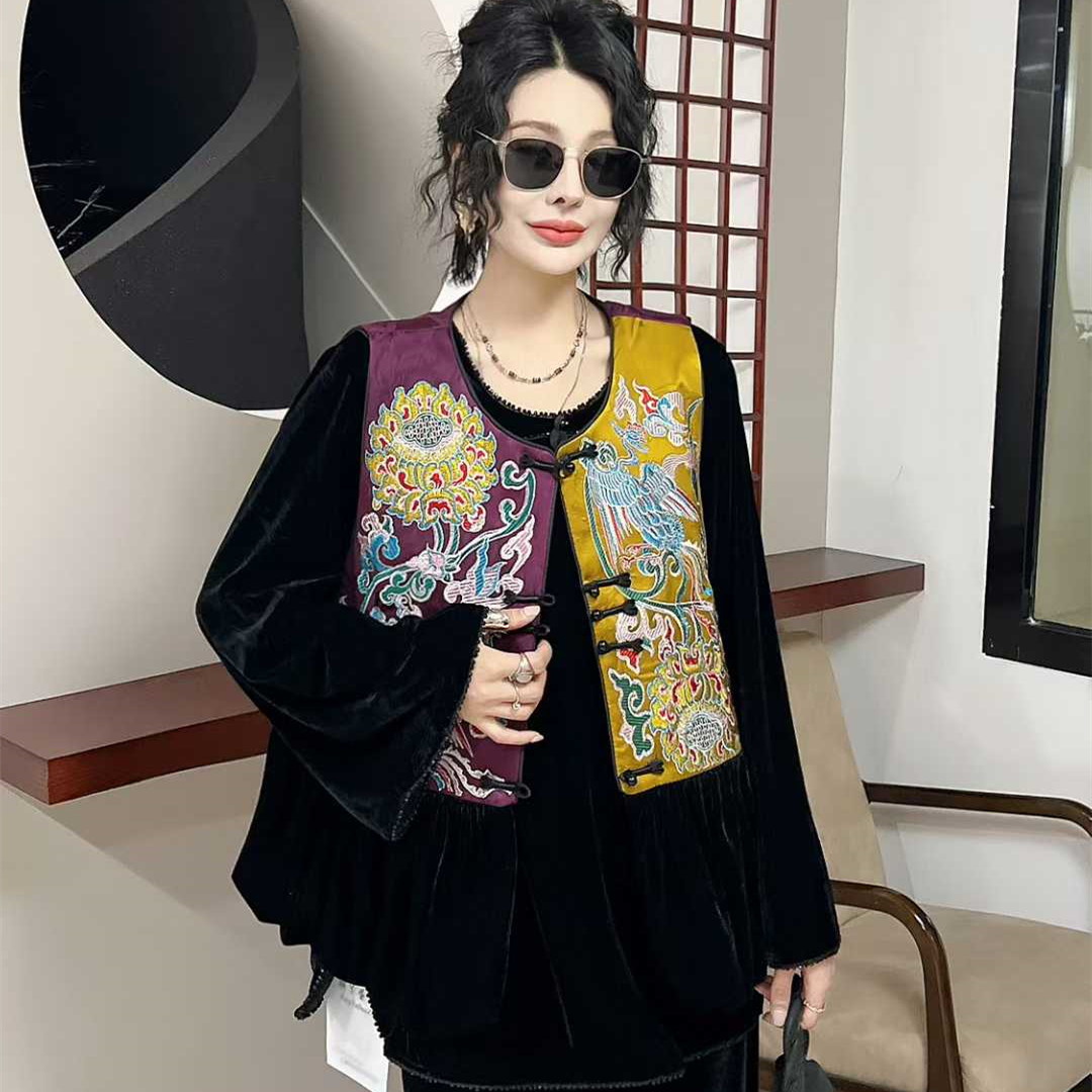 大码国风丝绒拼接缎面提花2025马夹冬季新款撞色盘扣马甲外套上衣,女装/女士精品,马夹,淘宝优惠券,粉丝福利购,淘宝优惠卷