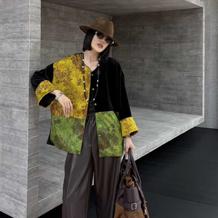 缎面提花丝绒拼接撞色上衣夹克女 新款 中式 国风盘扣外套2025秋大码