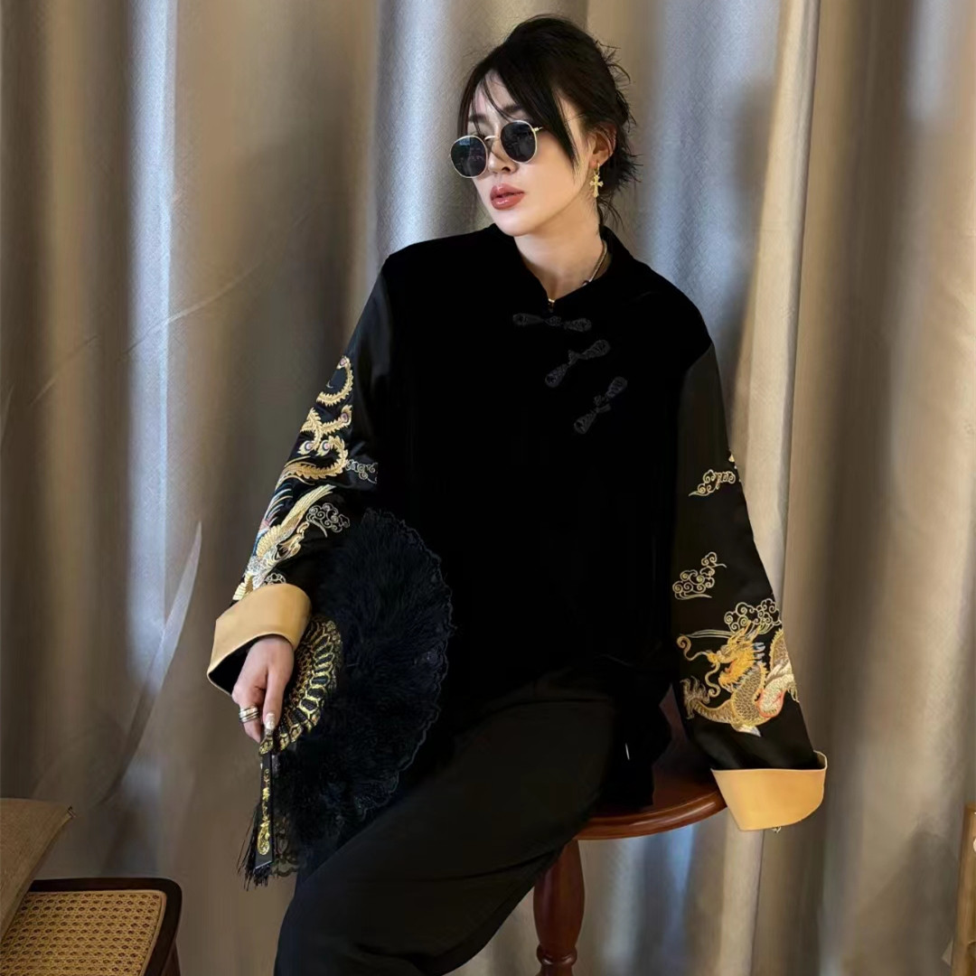 新中式大码国风衬衫女冬重工龙凤呈祥刺绣T恤丝绒拼接袖盘扣上衣