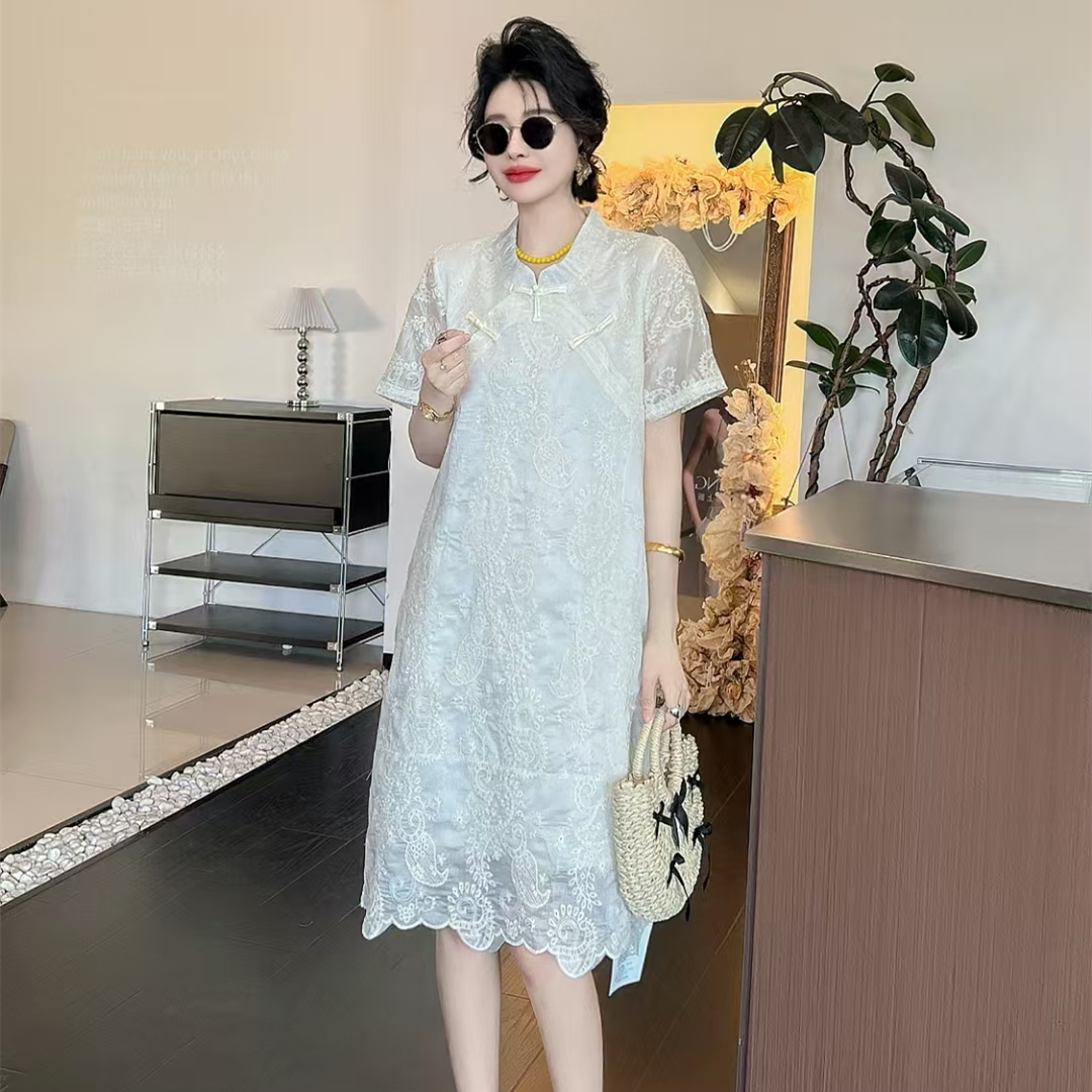 大码国风旗袍裙蕾丝刺绣连衣裙女