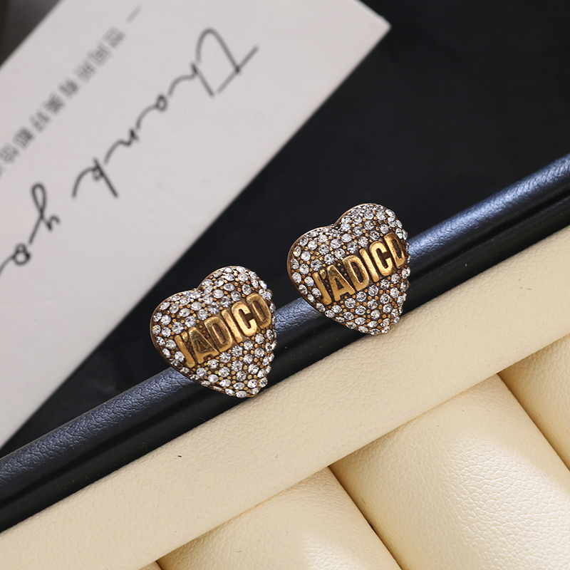 D家复古做旧满钻爱心耳环高级感轻奢气质百搭cd耳钉小香风耳饰