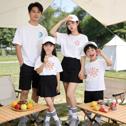 月亮星星亲子装夏装一家三口四口2026新款 潮母子母女纯棉短袖T恤