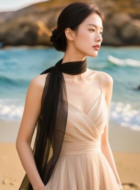 杭州丝绸100%桑蚕丝真丝纱巾女夏薄款黑色丝巾高级感防晒披肩百搭