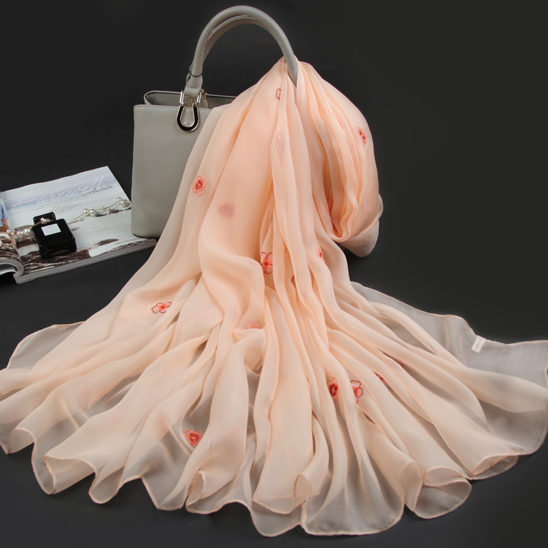 丝巾女春秋大红色苏绣围巾百搭超大披肩长款绣花纱巾外搭