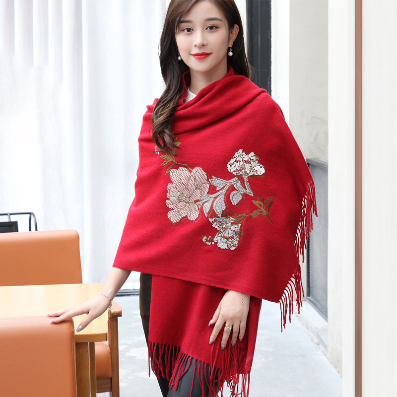 上海故事羊毛围巾女百搭秋季绣花大红色新娘结婚婚纱钩花超大披肩