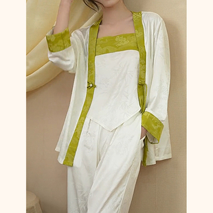 睡衣女夏薄款冰丝中式古风吊带性感家居服三件套四季通用