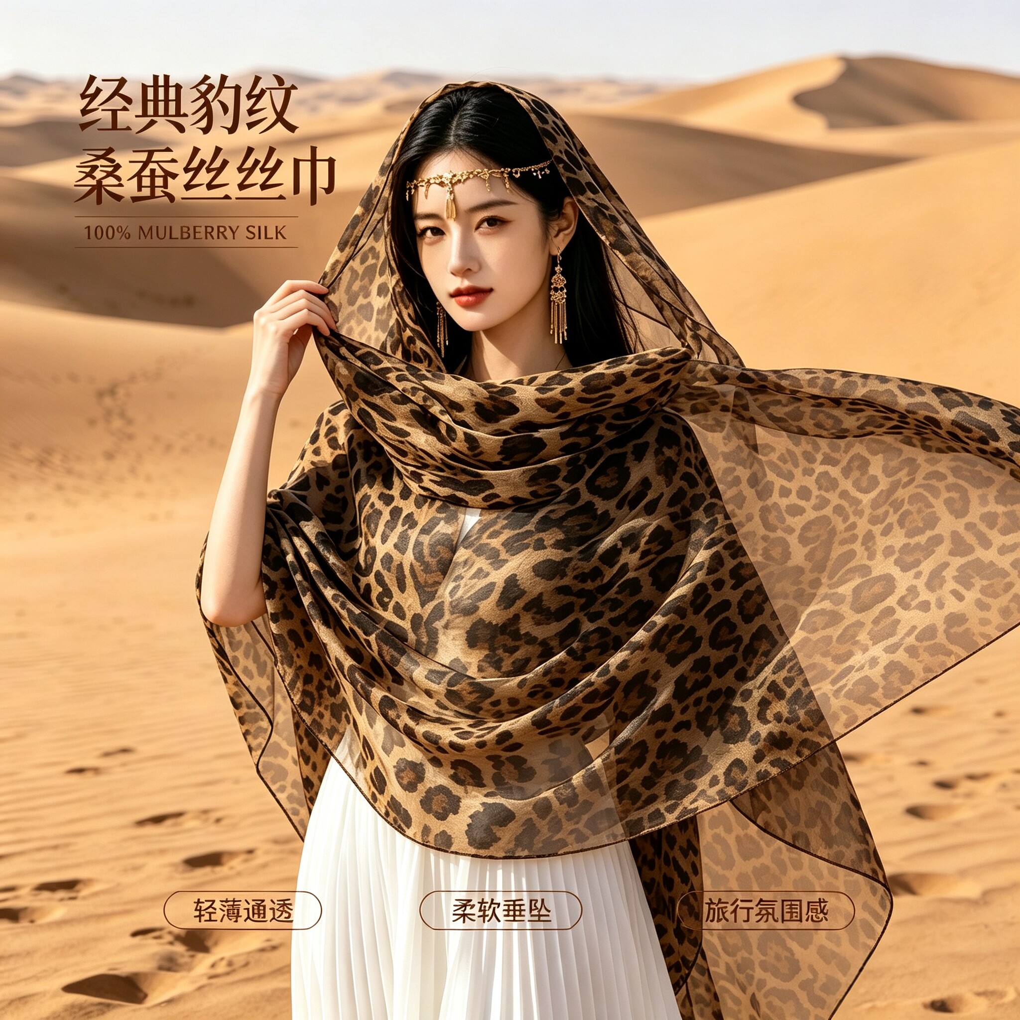 杭州丝绸豹纹桑蚕丝长丝巾女真丝纱巾沙漠旅行防晒披肩百搭围巾