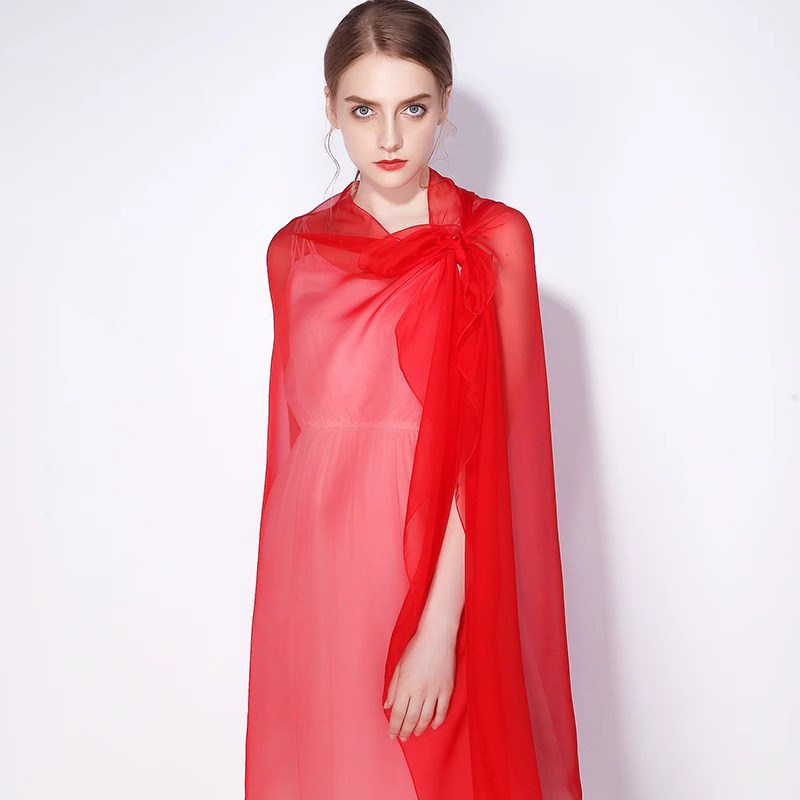 红色舞蹈丝巾夏季薄款防晒披肩女2025新款纯色长条纱巾