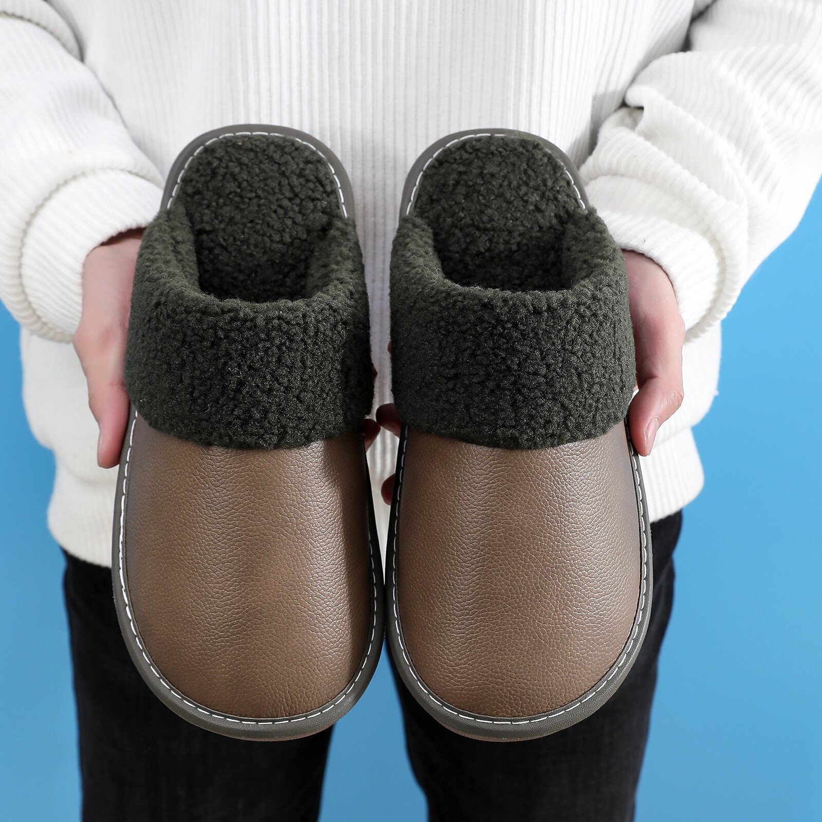 真皮牛皮面毛绒棉拖鞋男女情侣居家室内防滑保暖加厚防水拖鞋冬天