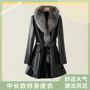 皮草 银蓝狐毛领大衣外套修身 海宁绵羊皮真皮皮衣女中长款 2025新款