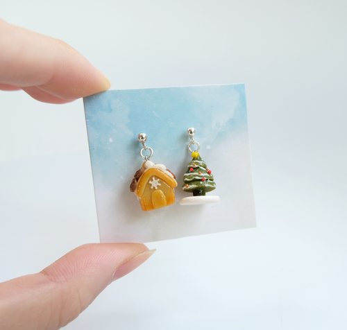 原创手作风圣诞树姜饼人银耳环