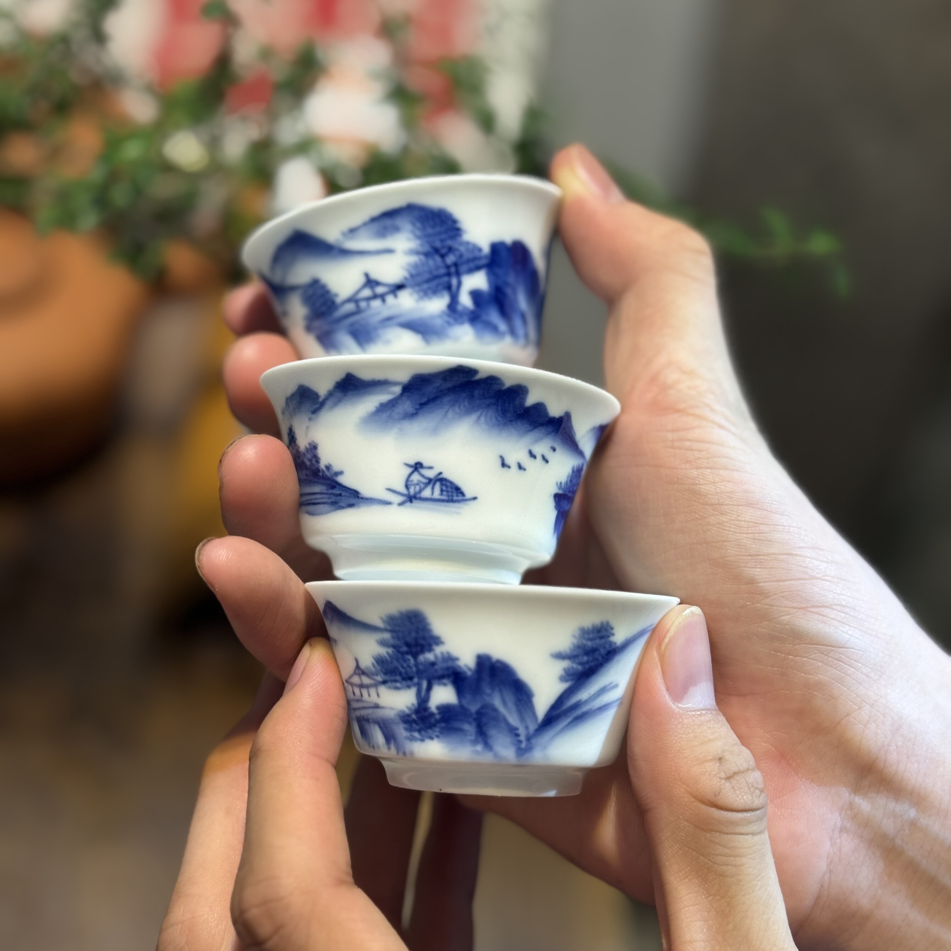 高温釉下彩纯手绘青花若深珍藏烟雨苏麻离青潮汕功夫茶清式青花杯
