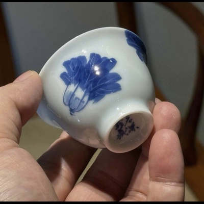 白菜百财潮汕功夫茶杯必若深珍藏瓯枫溪纯手绘鹅蛋青青花杯原矿杯
