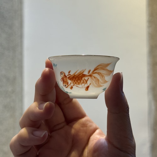 30cc库存超薄金鱼80年代纯手绘枫溪窑潮汕功夫茶蛋壳杯彩瓷品茗杯