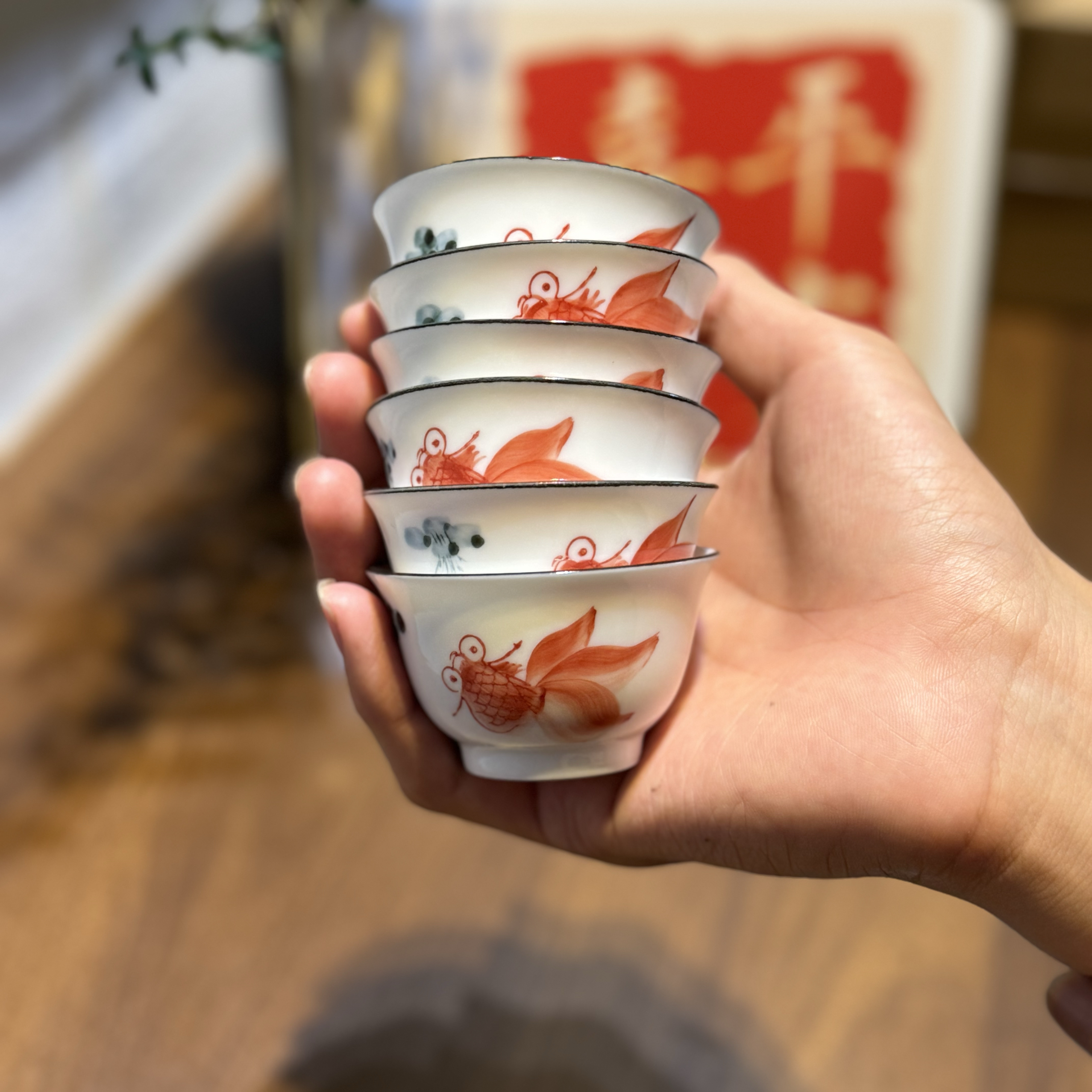八十年代库存潮州枫溪彩瓷手绘若深珍藏工夫茶金鱼杯功夫茶品茗杯