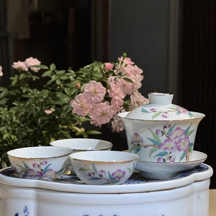 八十年代台湾定制潮州国营彩瓷厂纯手绘梅花龙窑匣钵烧功夫茶套装