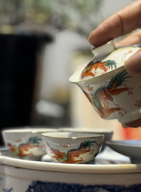 香港尧阳茶行原装红金龙潮汕功夫茶具纯手绘枫溪釉瓷盖碗杯子套装
