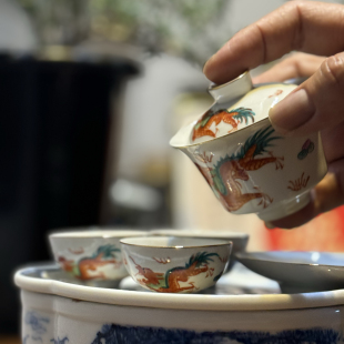 香港尧阳茶行原装红金龙潮汕功夫茶具纯手绘枫溪釉瓷盖碗杯子套装