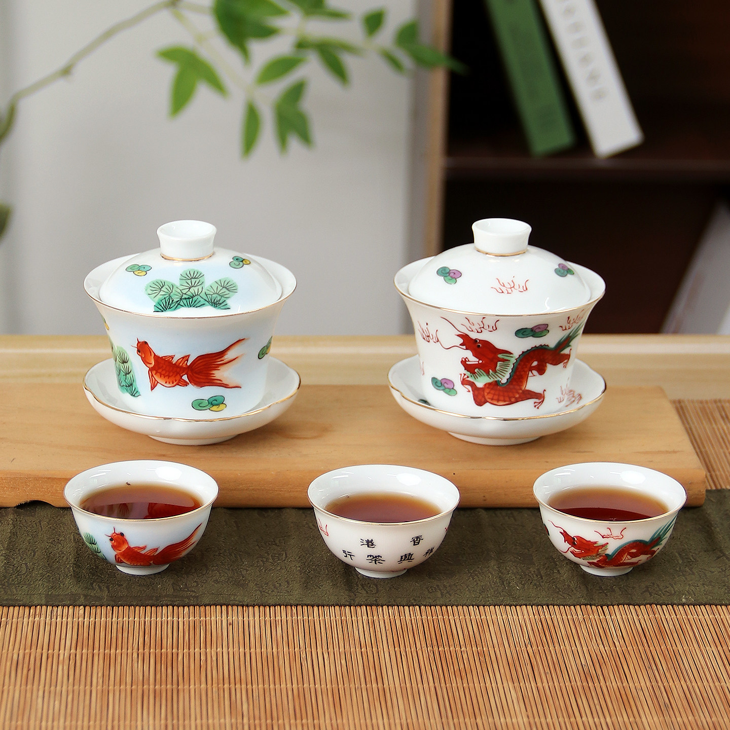 香港祥兴茶行原装红金龙金鱼潮汕功夫茶具纯手绘枫溪盖碗杯子套装