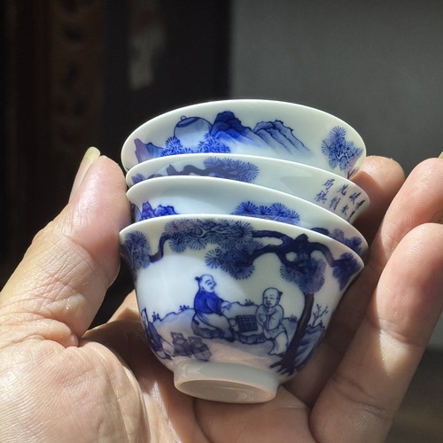 景德镇全手工若深瓯手拉胚手绘青花珍藏功夫茶影青松风煮茗斗笠杯