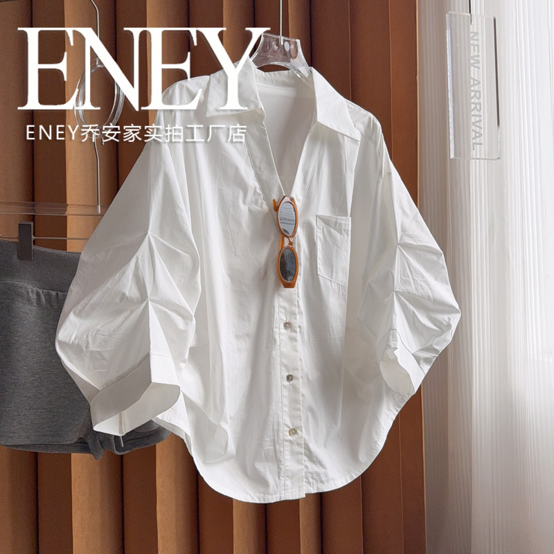 收腰气质V领设计白衬衫女~松弛感褶皱大袖子7分袖衬衣女宽松防晒