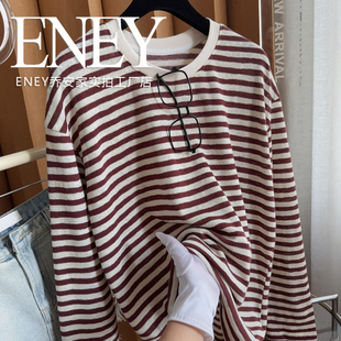 初秋显白复古红色条T恤 防晒 ENEY简约休闲韩系条纹宽松慵懒风长袖