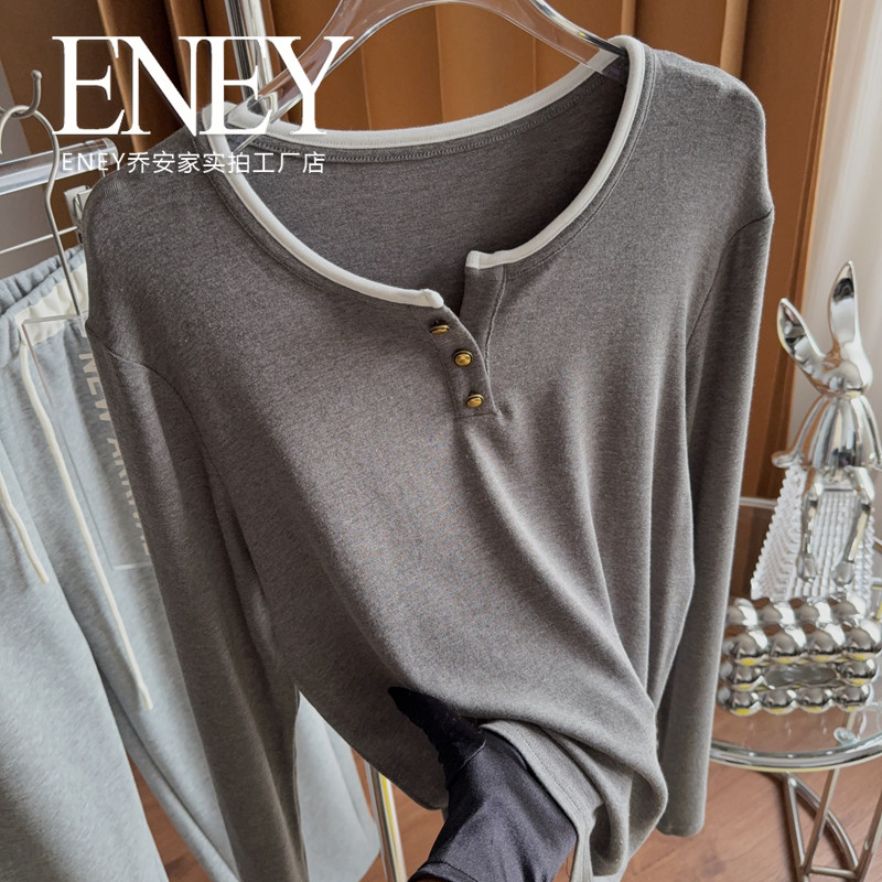 正肩弹力软糯~春秋复古小金扣撞色显瘦T恤气质上衣百搭打底衫,女装/女士精品,T恤,淘宝优惠券,粉丝福利购,淘宝优惠卷