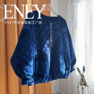女装 胖妹显瘦光感丝绒加棉夹克 ENEY菱格棉服拉链外套高级大码