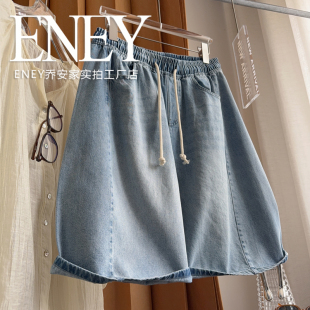 女宽松休闲阔腿五分短裤 夏松紧腰牛仔裤 高密棉质短裤 松弛博主风