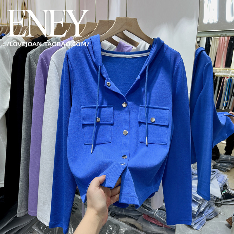 欧货批发银扣带盖双口袋帽衫