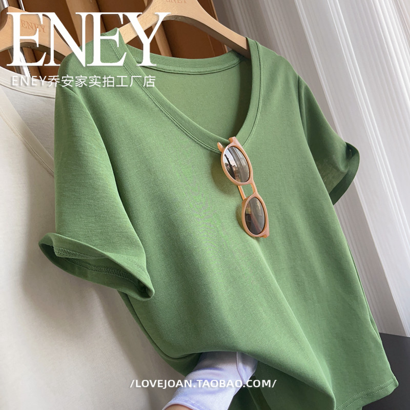 极简风~水滴U领挺括短袖T恤弹力透气微宽松韩版显瘦法式小众上衣