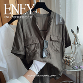 宽松显瘦纯色大码 胖妹遮肉 V领潮 短袖 女衬衫 肌理设计感雪纺衫 夏款