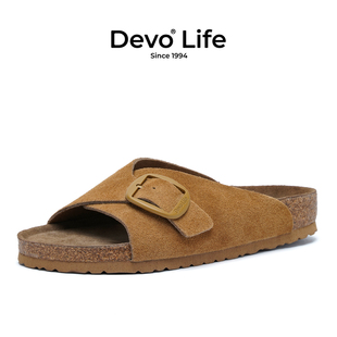 Devo/的沃软木拖鞋女休闲百搭防滑一字平底时尚凉拖勃肯鞋24076