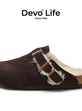 Devo/的沃软木拖鞋女加绒保暖秋冬加毛包头半拖鞋66001