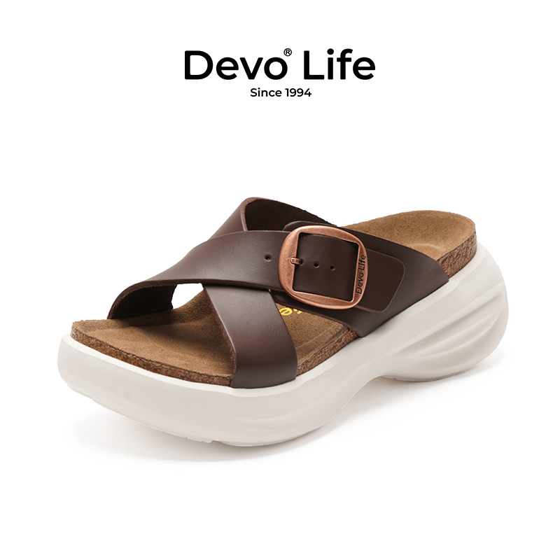 DevoLife软木拖鞋女休闲增高松糕底厚底百搭一字拖潮流230