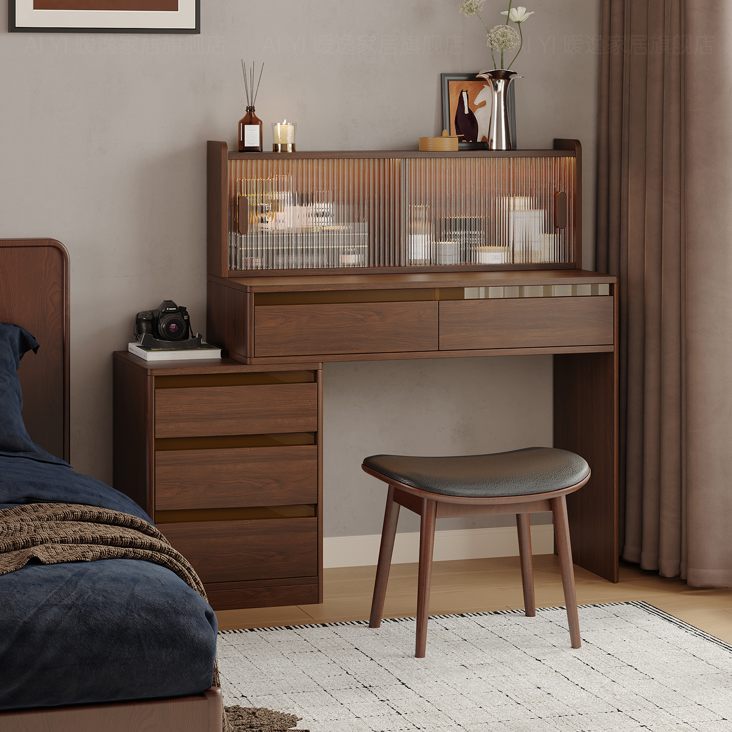 暧逸全实木复古风化妆桌斗柜一体