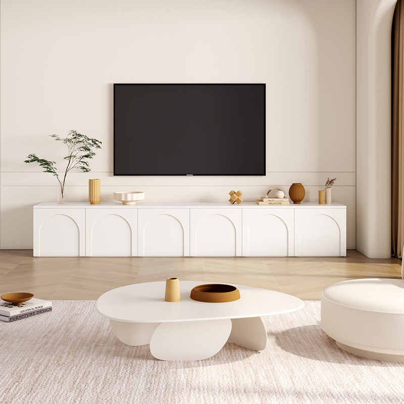 白色奶油风电视柜客厅简约现代一体组合落地储物地柜轻奢实木定制