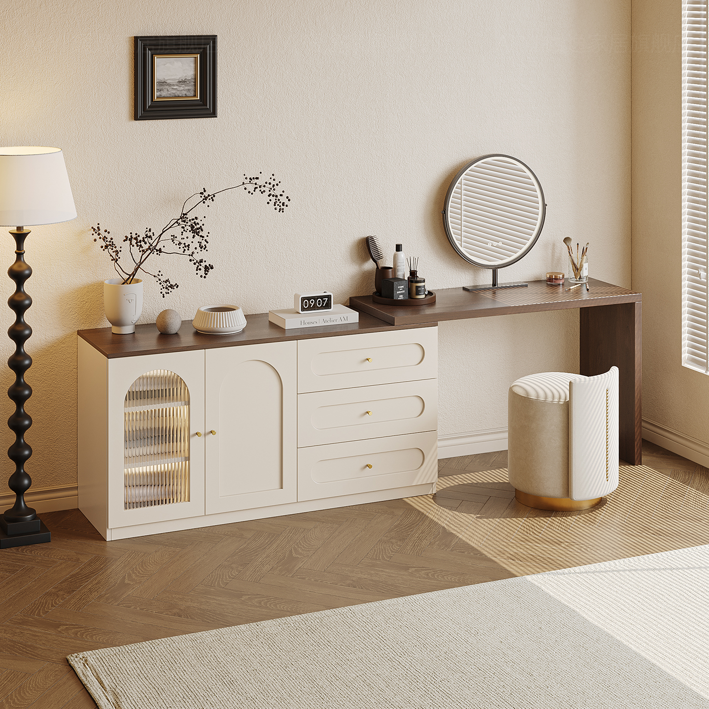 暧逸实木床头梳妆台斗柜旋转伸缩