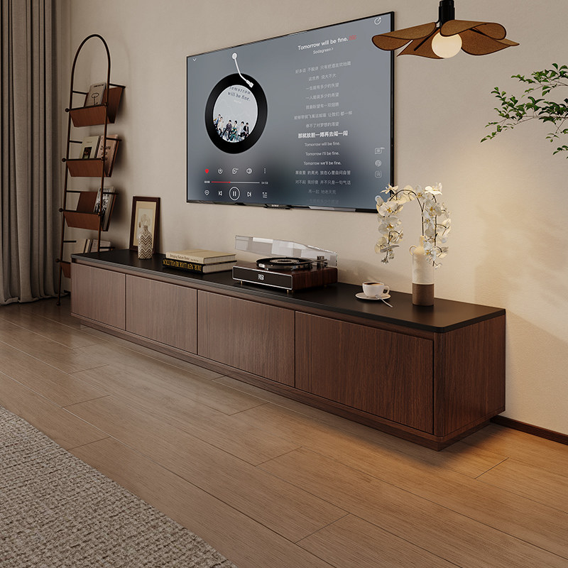 新中式中古风家用客厅落地电视柜茶几组合圆弧大容量定制储物柜