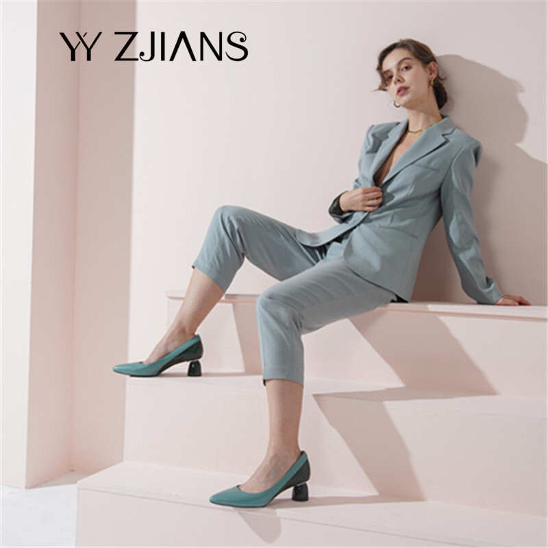 YYZJIANS女鞋轻奢羊皮法式尖头粗跟单鞋YY601246-5(商场同款)