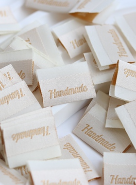通用handmade手写英文织唛大肠发圈对折布标服装包包辅料领标设计