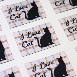 格子猫咪ins插画风织唛标可爱卡通动物商标设计领标服装辅料现货